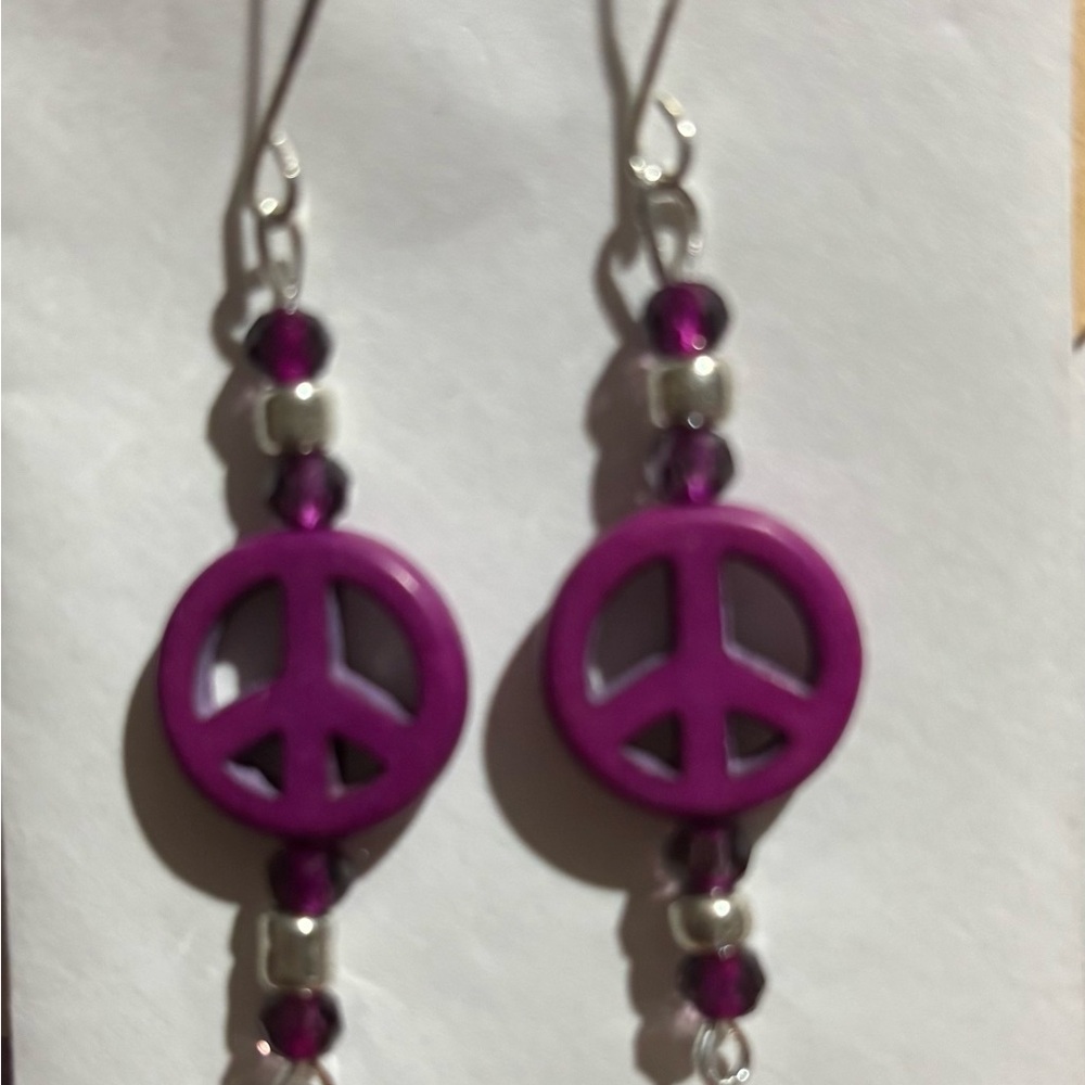 Retro Purple and Silver Peace Sign Earrings